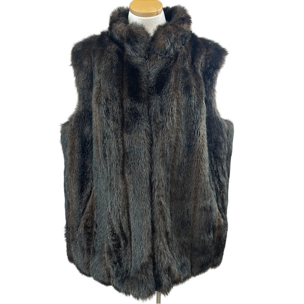 CATO‎ WOMAN (22) Reversible Faux Fur Vest Brown Zip Pockets Coat Mobwife Plus
